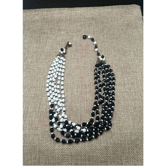Vintage Miriam Haskell Multi-Strand Black & White Glass Bead Necklace - Picture 3 of 8